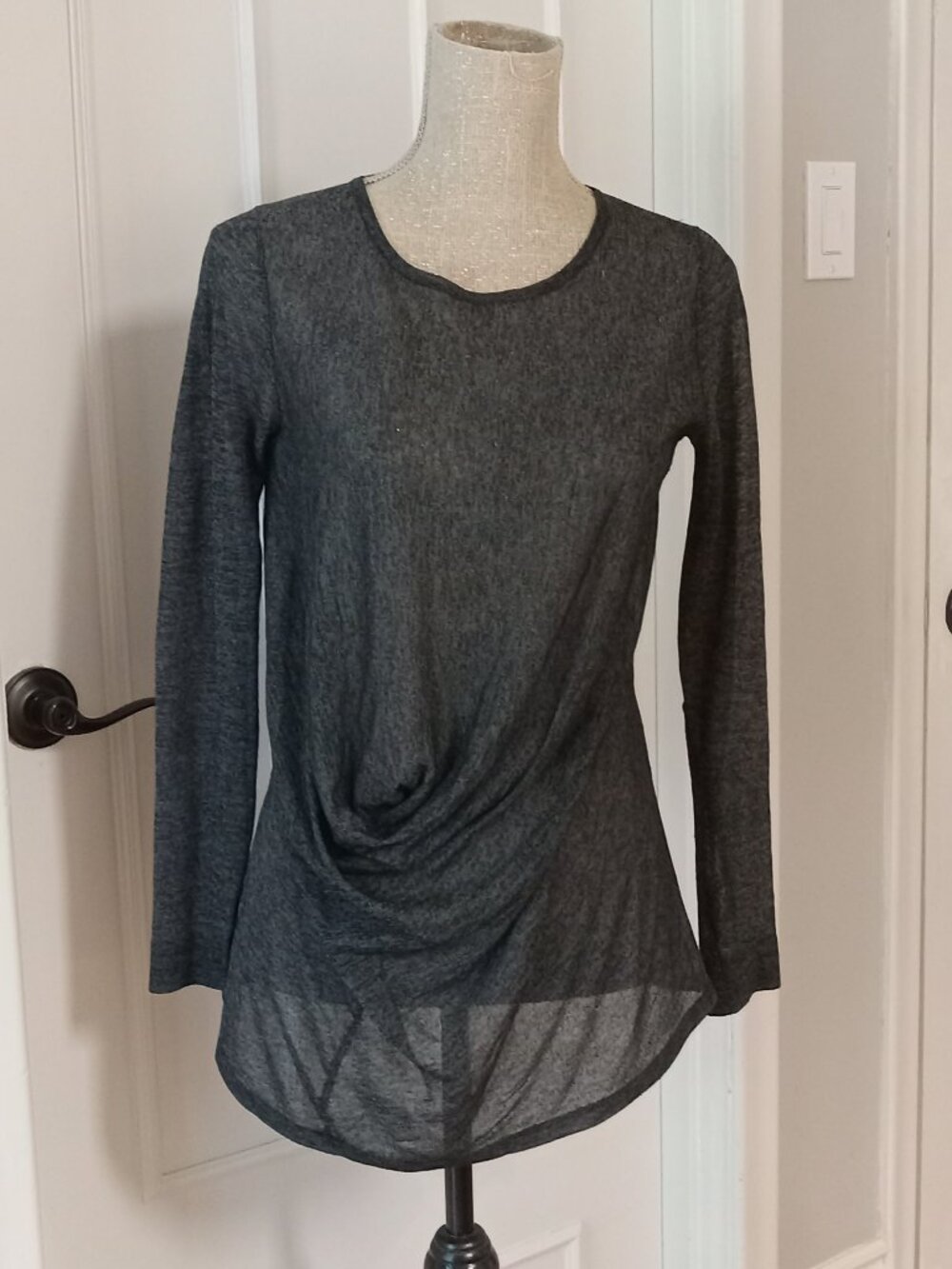 Theory Charcoal Sheer Draped Long Sleeve Top